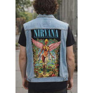 Nirvana In Utero Denim Vest‎ Grunge Rock Band Patch Sleeveless Jean Jacket Men M